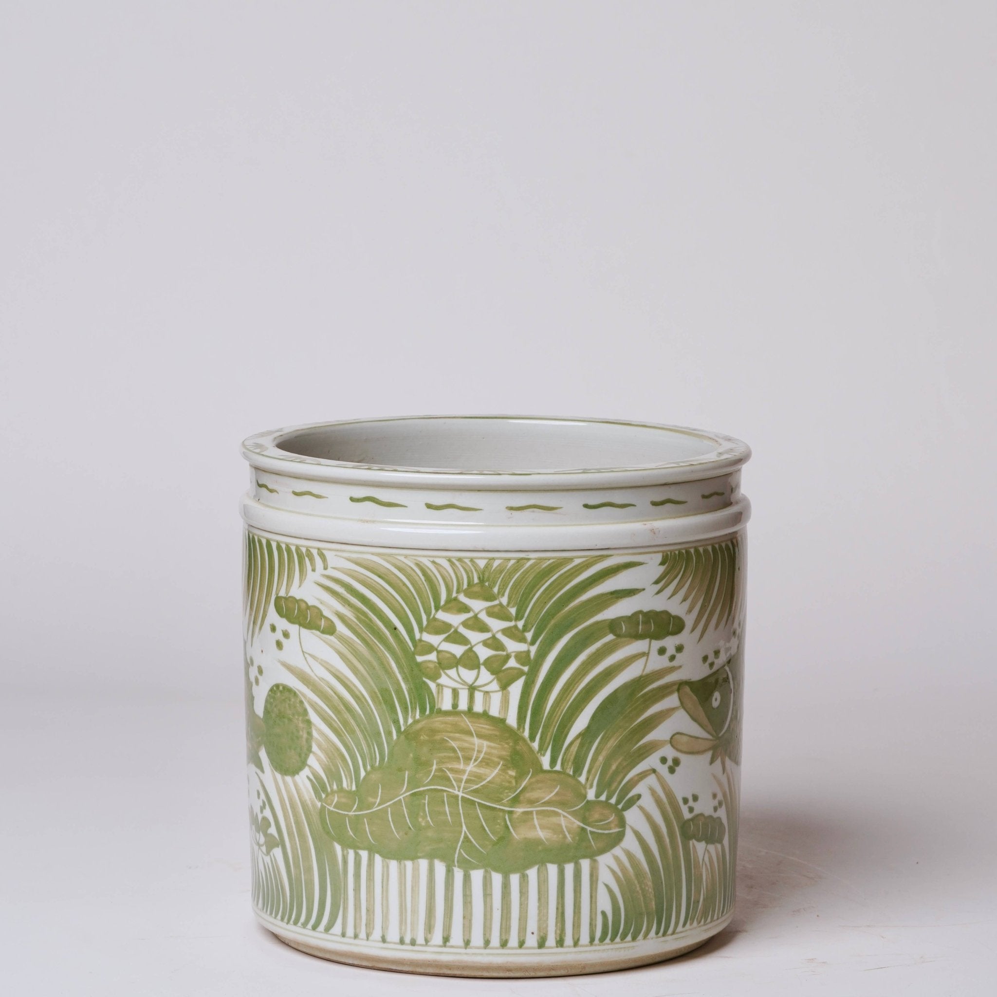 Cobalt Guild - Green and White Porcelain Fish and Lotus Cachepot - Gaines Jewelers