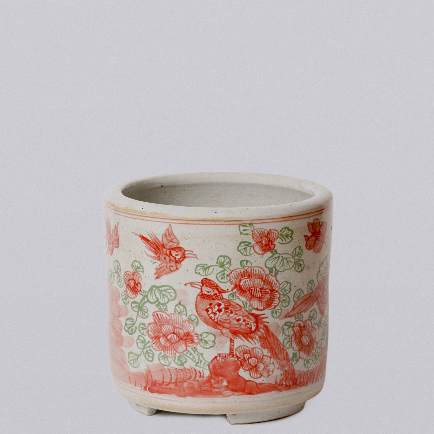 Cobalt Guild - Pink and Green Porcelain Bird and Flower Footed Cachepot - Gaines Jewelers