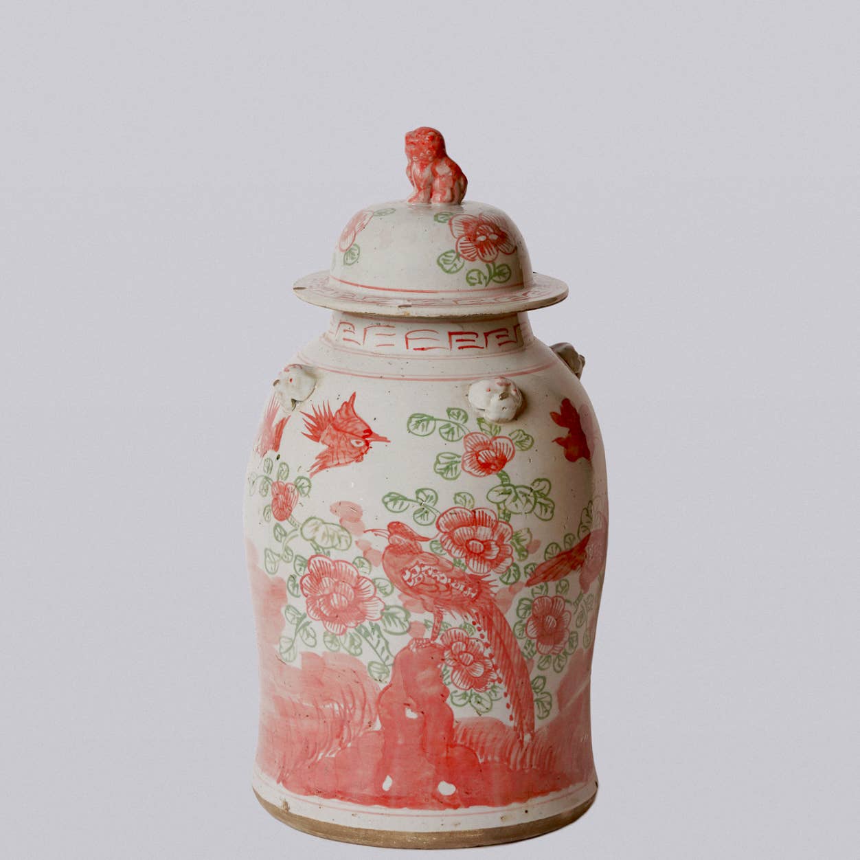 Cobalt Guild - Pink and Green Porcelain Bird and Flower Temple Jar - Gaines Jewelers