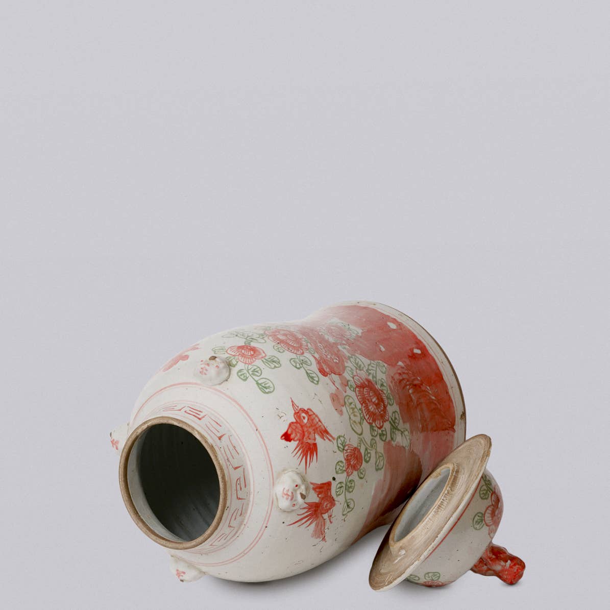 Cobalt Guild - Pink and Green Porcelain Bird and Flower Temple Jar - Gaines Jewelers