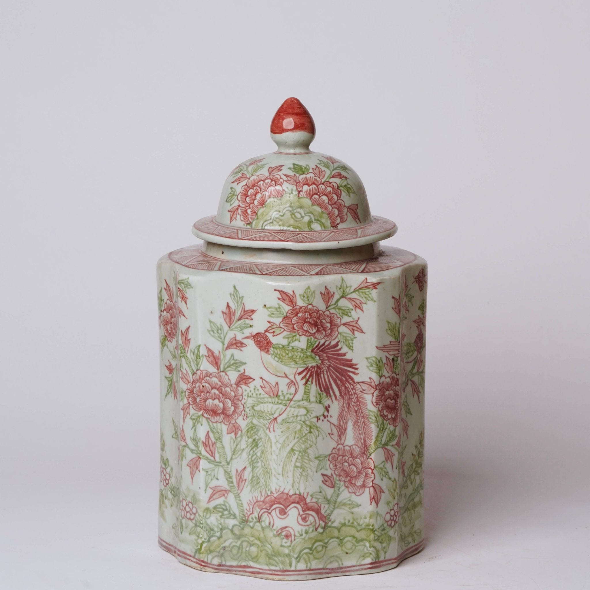Cobalt Guild - Pink and Green Porcelain Golden Pheasant Ribbed Lidded Jar - Gaines Jewelers