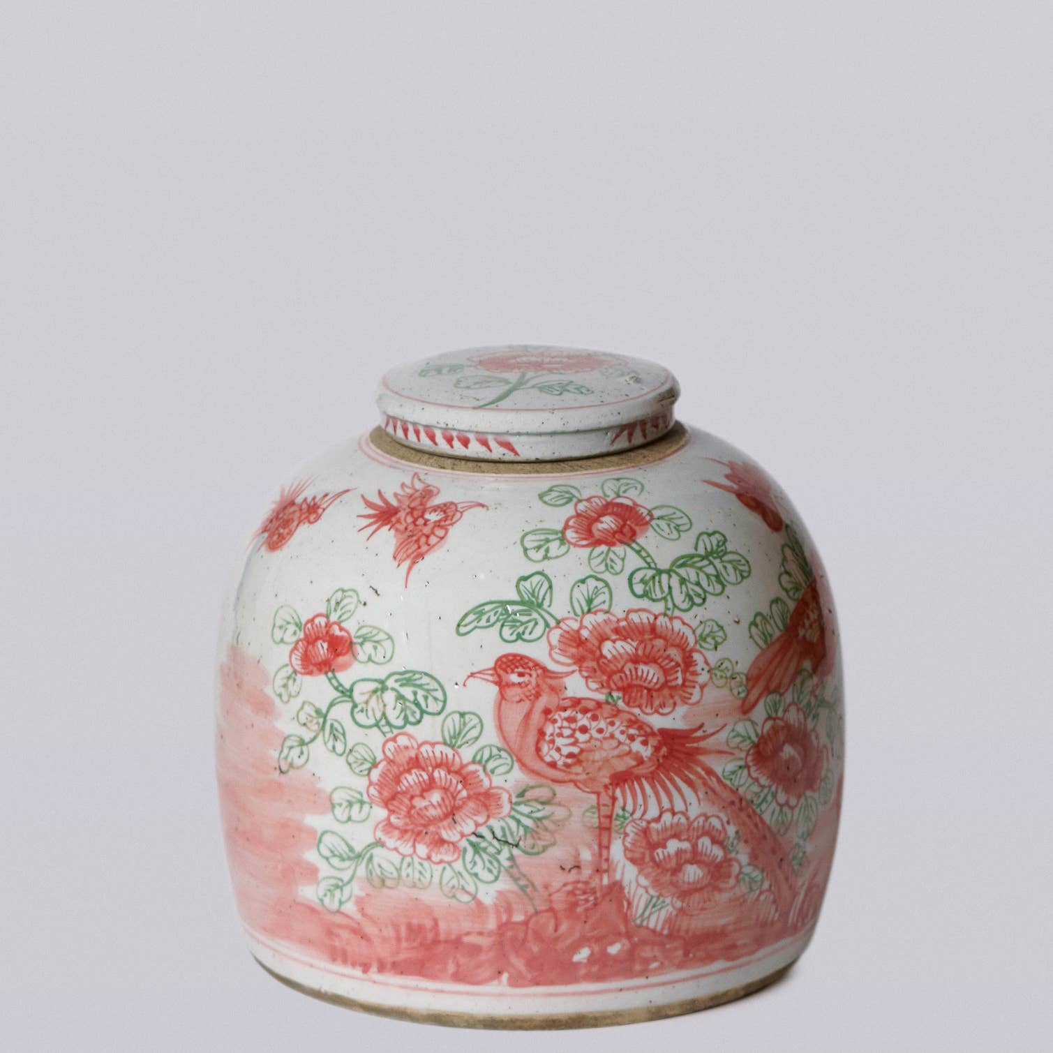 Cobalt Guild - Pink & Green Rustic Porcelain Bird & Flower Large Lidded Jar - Gaines Jewelers
