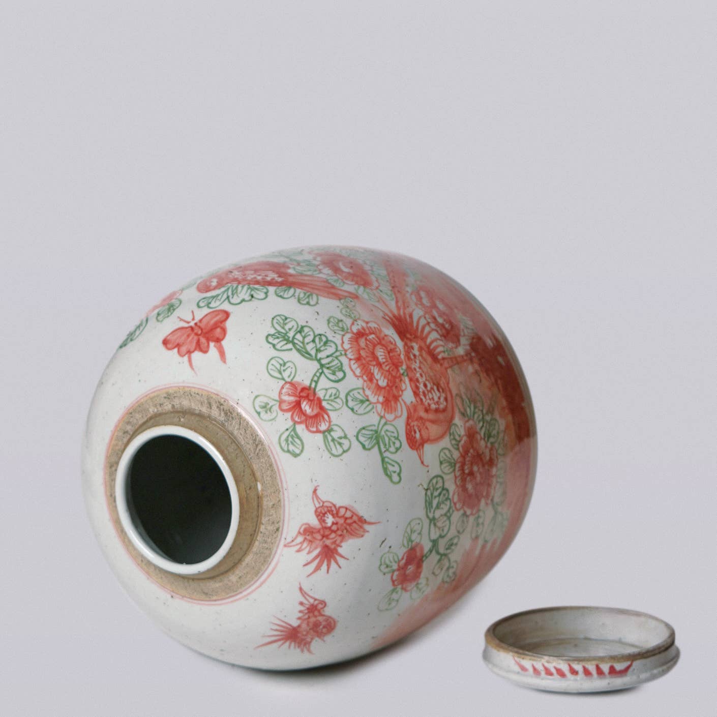 Cobalt Guild - Pink & Green Rustic Porcelain Bird & Flower Large Lidded Jar - Gaines Jewelers