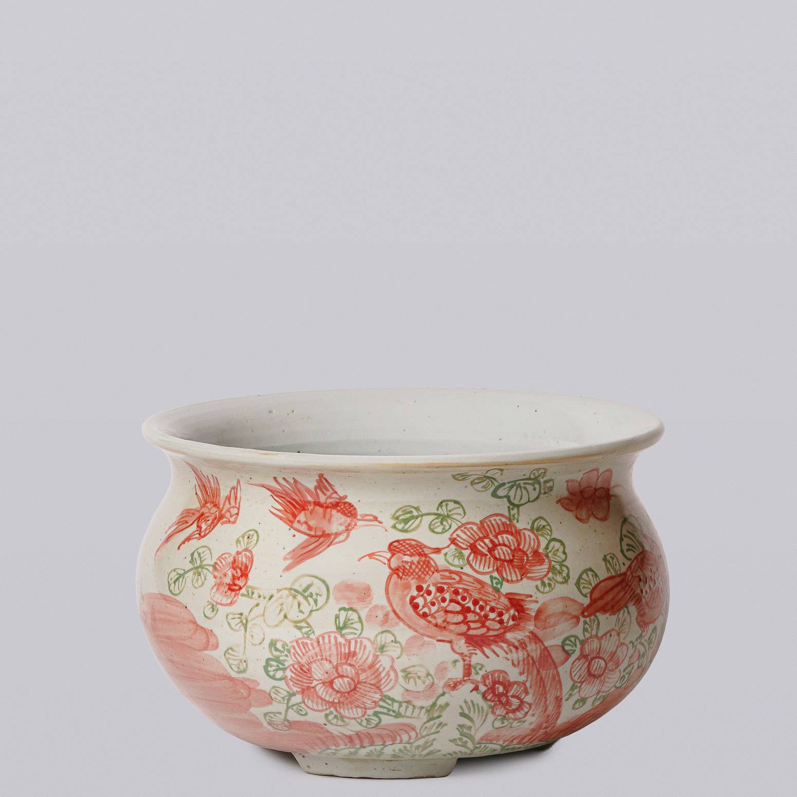 Cobalt Guild - Rustic Bird & Flower Pink & Green Porcelain Bulbous Cachepot - Gaines Jewelers