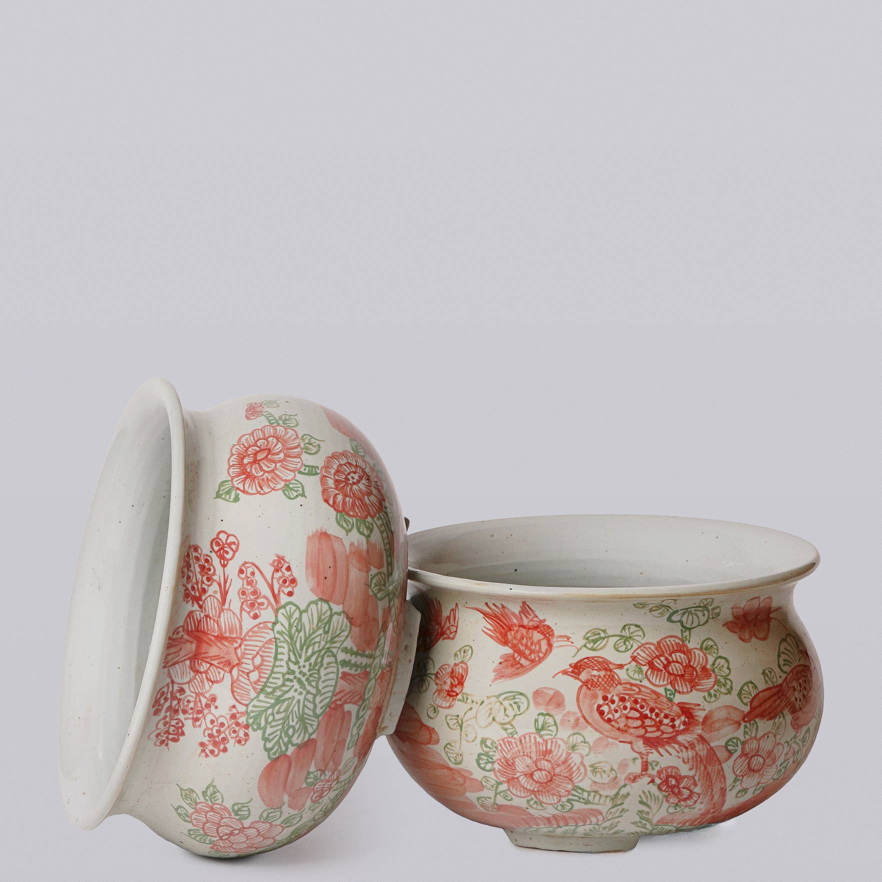 Cobalt Guild - Rustic Bird & Flower Pink & Green Porcelain Bulbous Cachepot - Gaines Jewelers