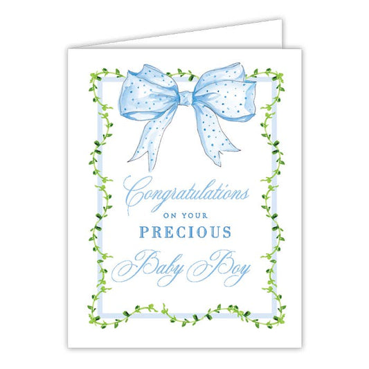 Congratulations on Precious Baby Boy Blue Bow Greeting Card - RosanneBeck Collections - Gaines Jewelers