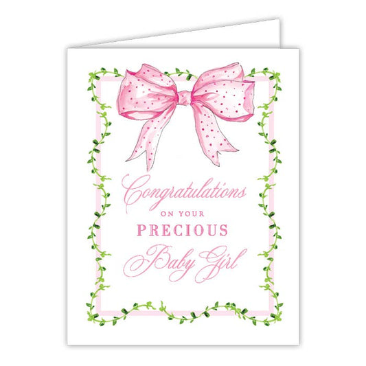 Congratulations on Precious Baby Girl Pink Bow Greeting Card - RosanneBeck Collections - Gaines Jewelers