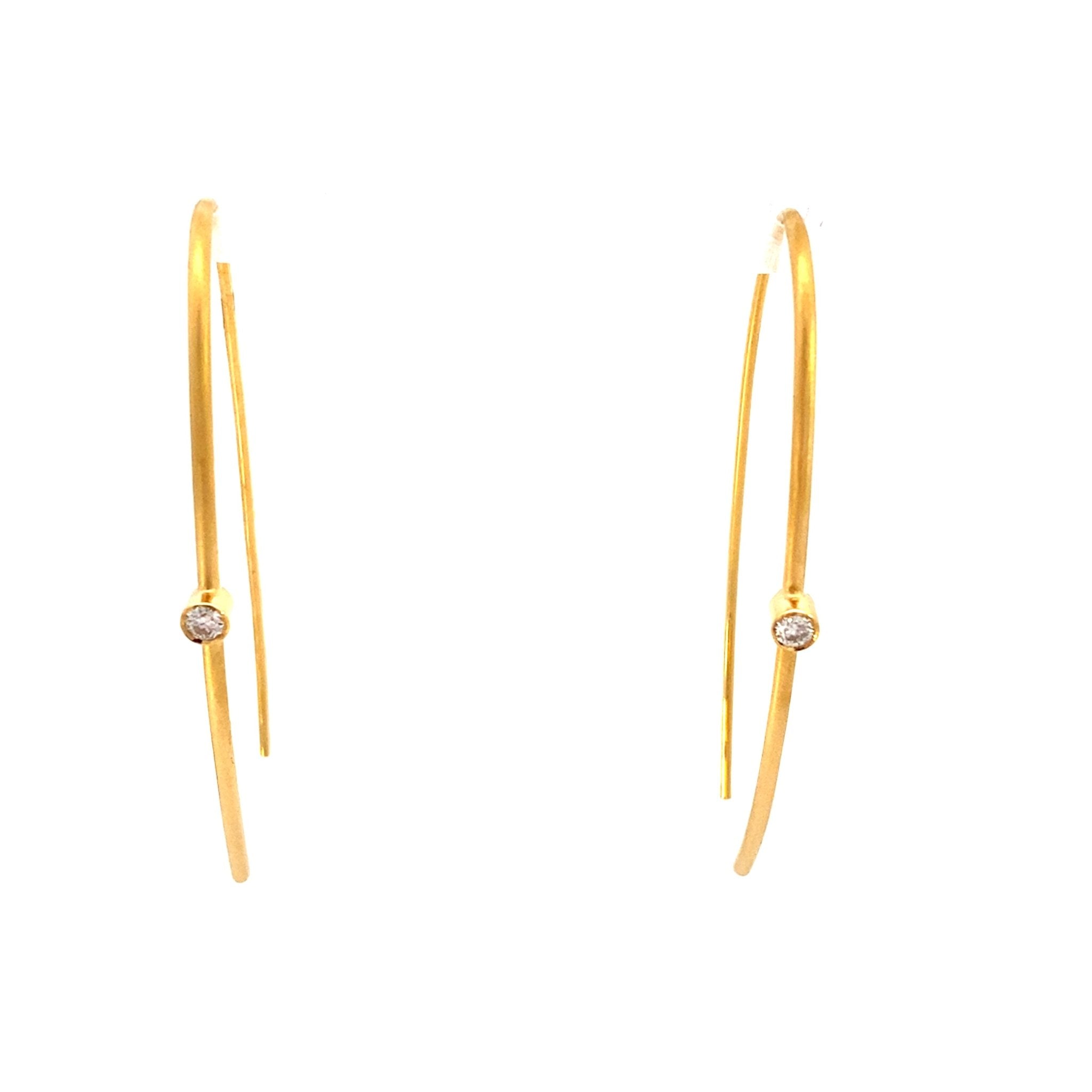Contemporary earrings in a hook design with a single diamonds in 14kt yellow gold by Marika - Gaines Jewelers