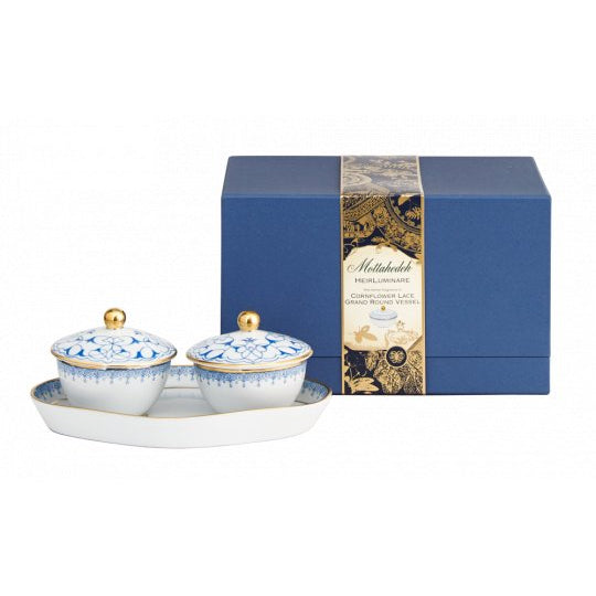 Cornflower Lace Tray with Heirluminare Votives - Mottahedeh - Gaines Jewelers
