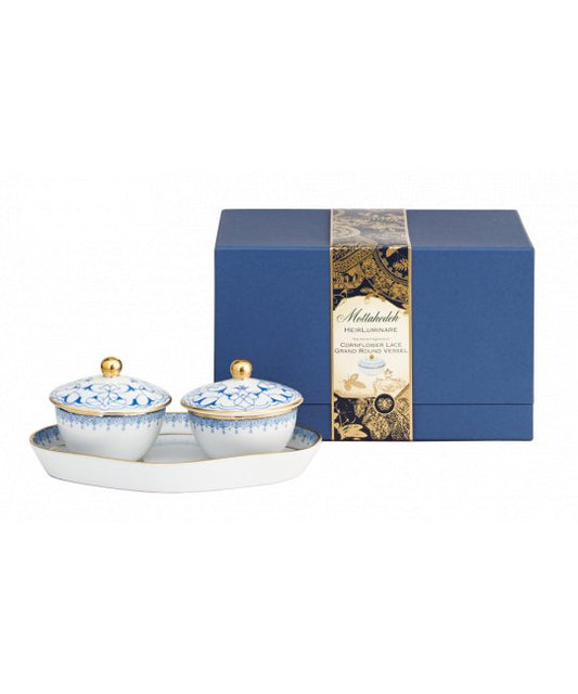 Cornflower Lace Tray with Heirluminare Votives - Mottahedeh - Gaines Jewelers