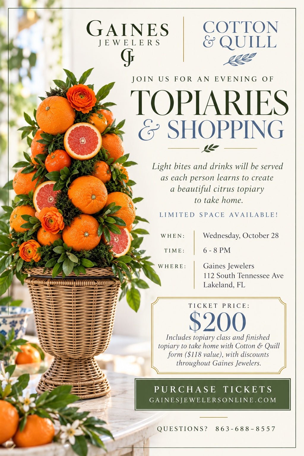 Cotton + Quill Topiary Class & Shopping Event - Gaines Jewelers