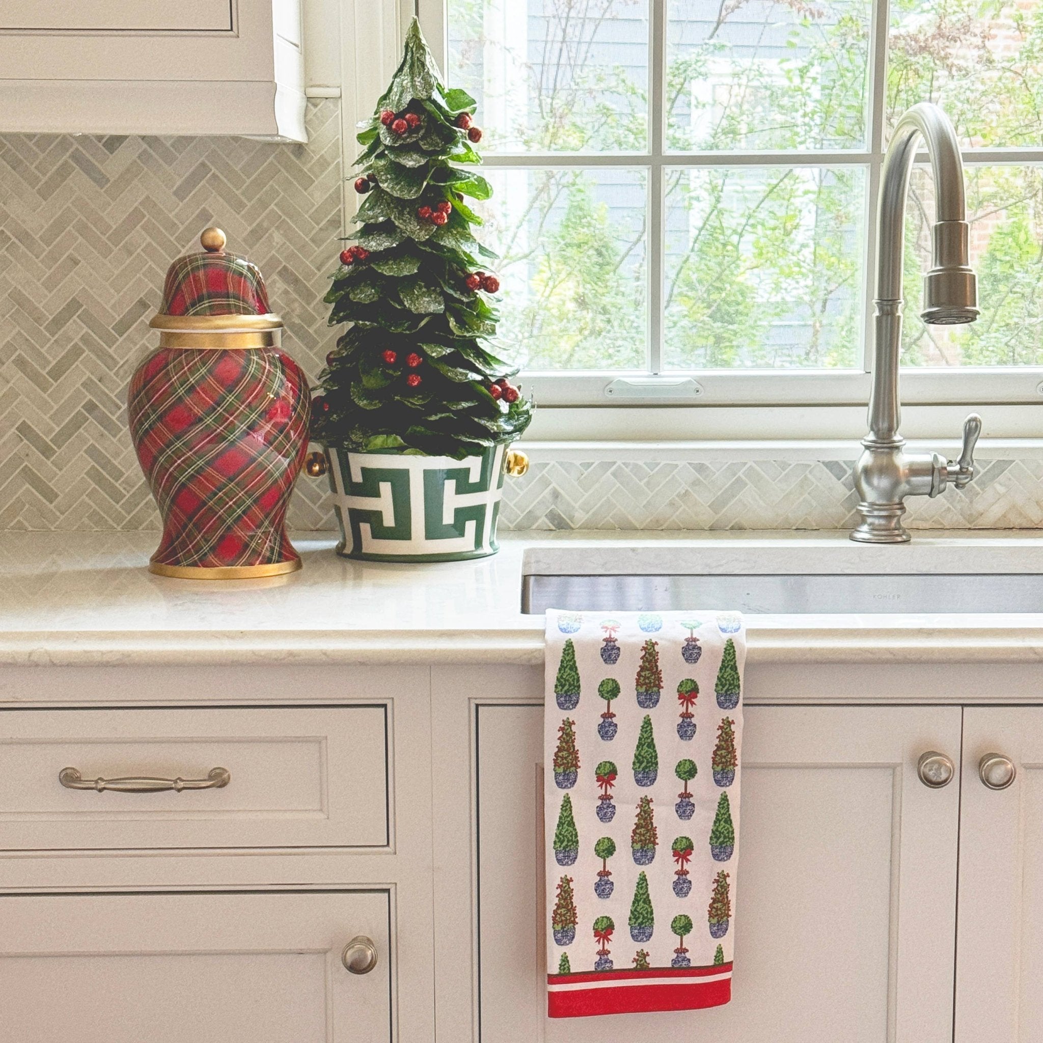 Cotton Tea Towel | Christmas Topiaries - WH Hostess Social Stationery - Gaines Jewelers