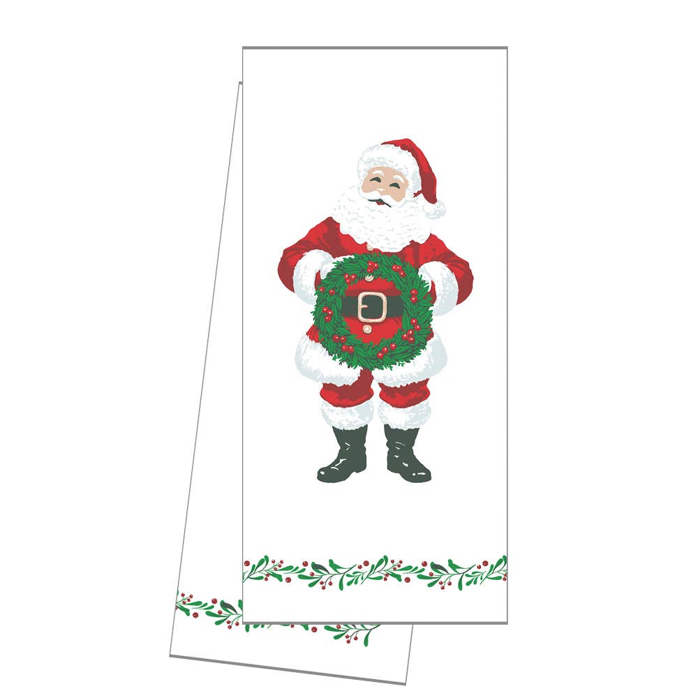 Cotton Tea Towel | Santa with Wreath - WH Hostess Social Stationery - Gaines Jewelers