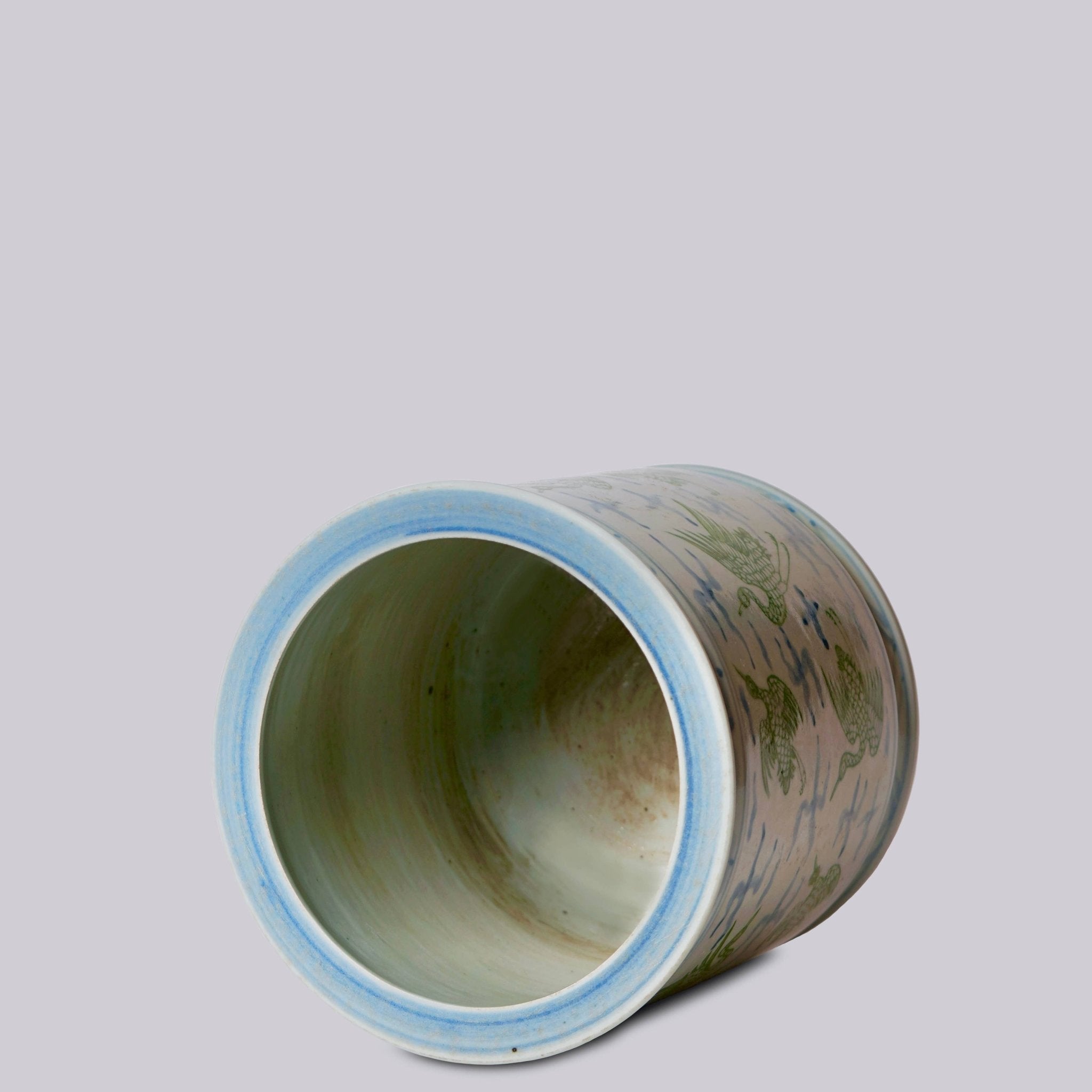 Cranes and Clouds Green and Blue Porcelain Cachepot - Cobalt Guild - Gaines Jewelers