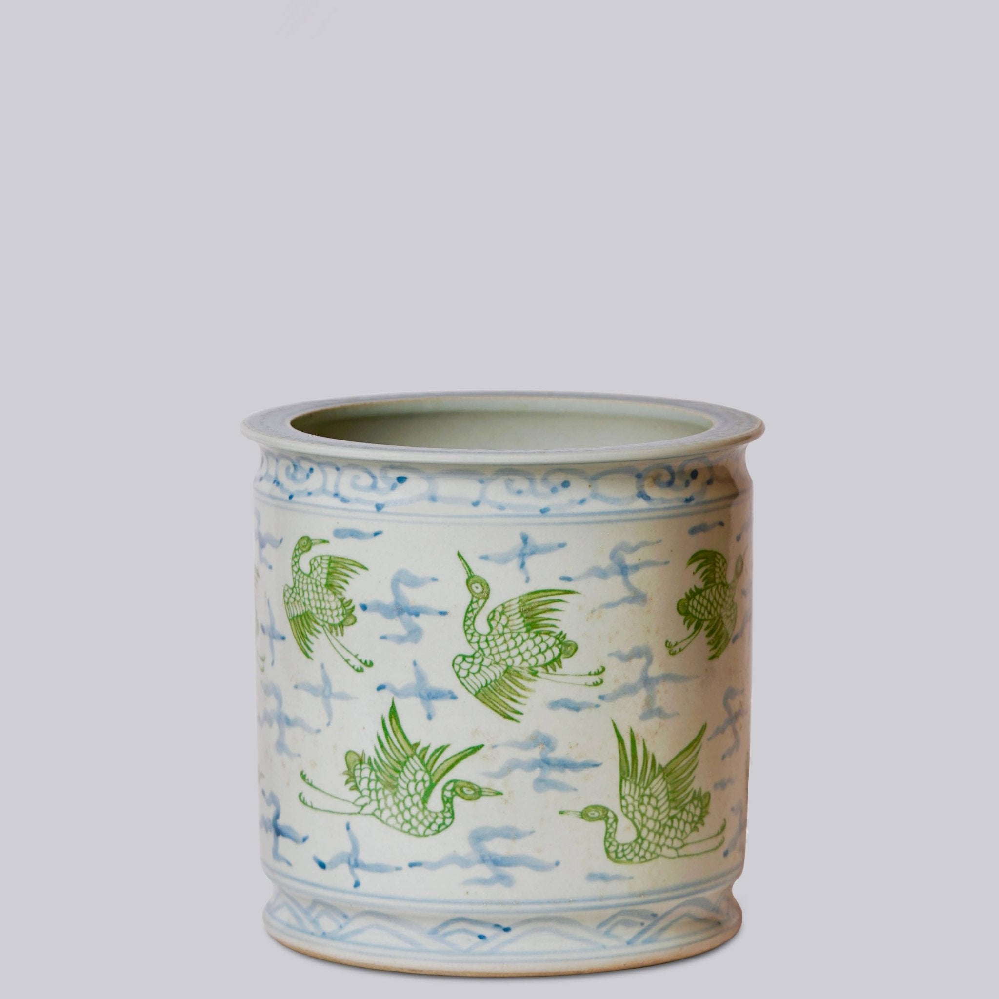 Cranes and Clouds Green and Blue Porcelain Cachepot - Cobalt Guild - Gaines Jewelers