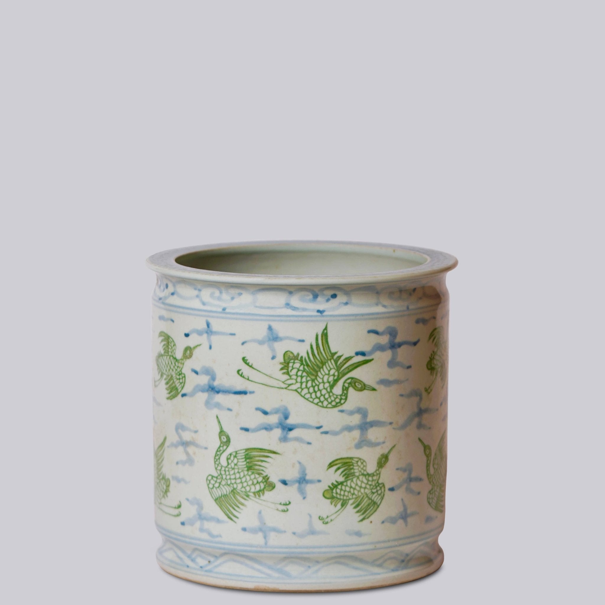 Cranes and Clouds Green and Blue Porcelain Cachepot - Cobalt Guild - Gaines Jewelers