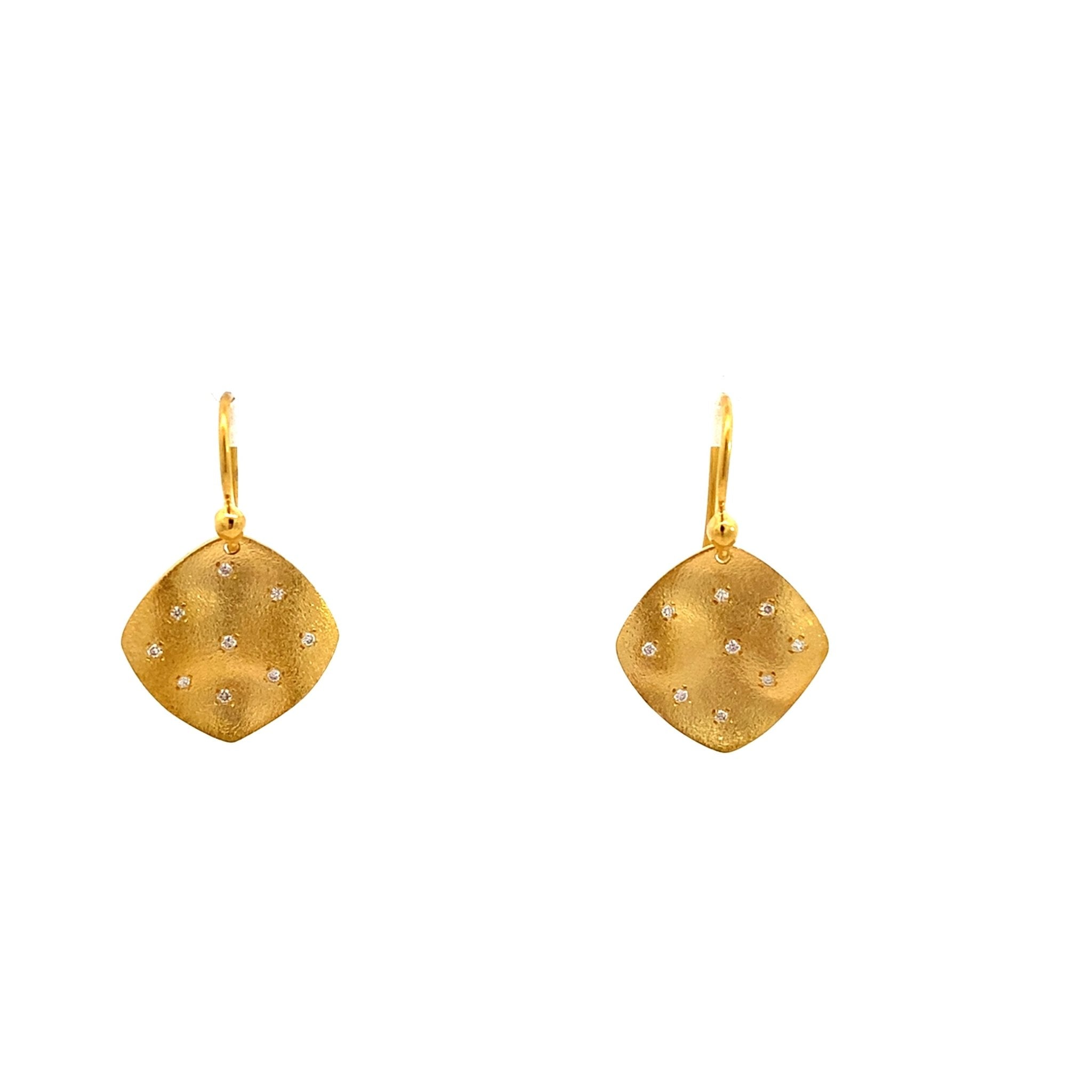 Dangle style earrings with tiny burnish - set diamonds in 14kt yellow gold by Marika - Gaines Jewelers