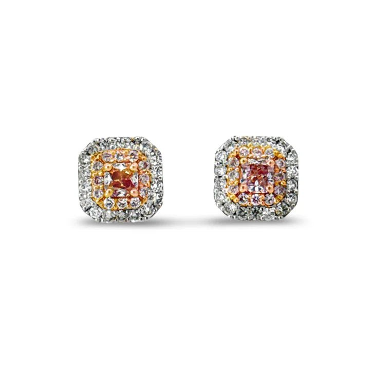 ****Diamond earrings with pink diamonds in a cushion shape cluster in 18kt white & rose gold - Gaines Jewelers