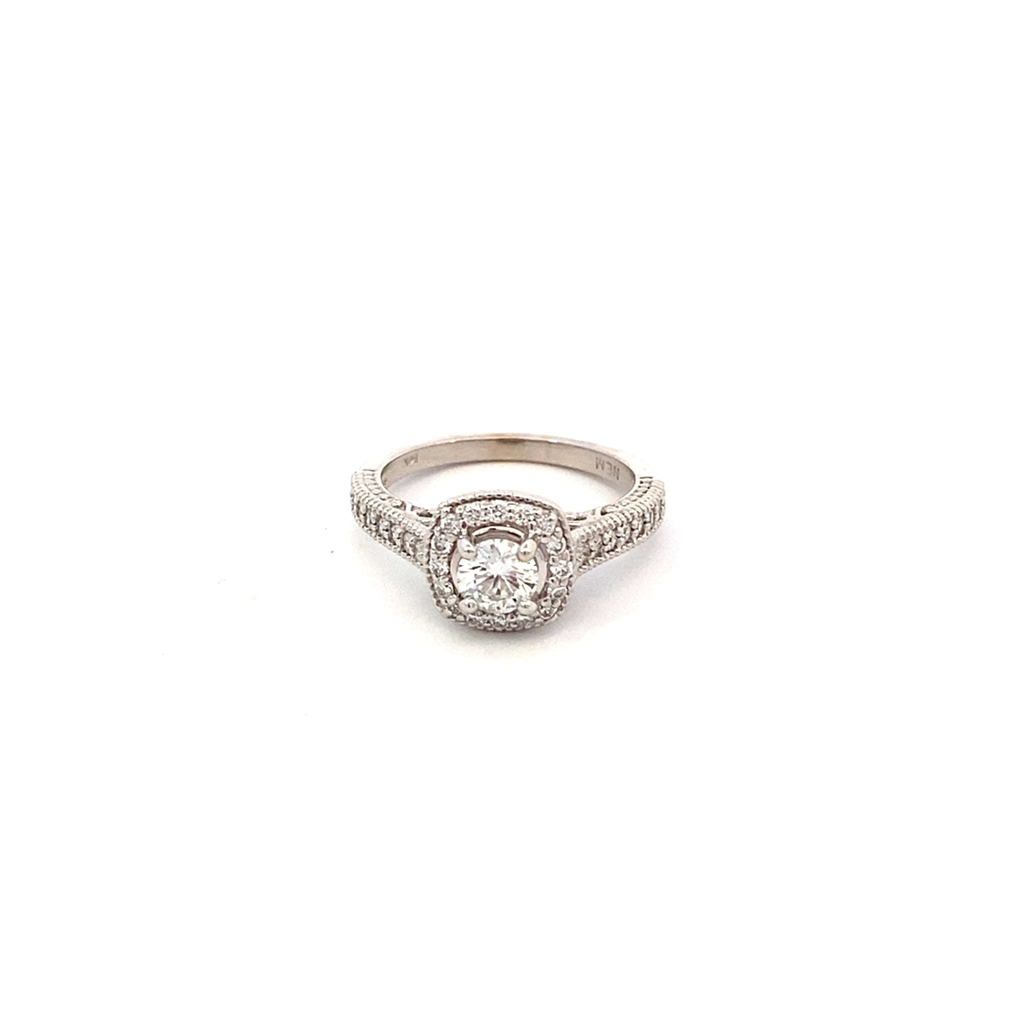 Diamond engagement ring halo & shank with round center 0.42ct 14kt white gold - Gaines Jewelers