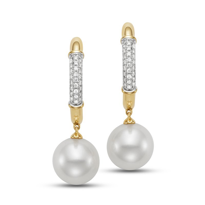 diamond hoop earrings with 9.5-10mm pearl drop 18kt yg - Mastoloni - Gaines Jewelers
