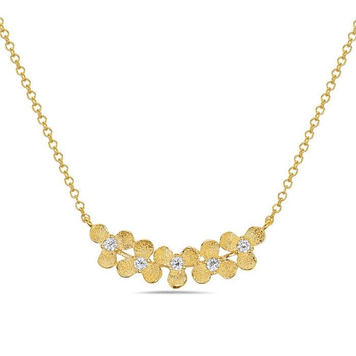 Diamond necklace with 5 floral motifs at front as trapeze in 14kt yellow gold by Bassali - Gaines Jewelers