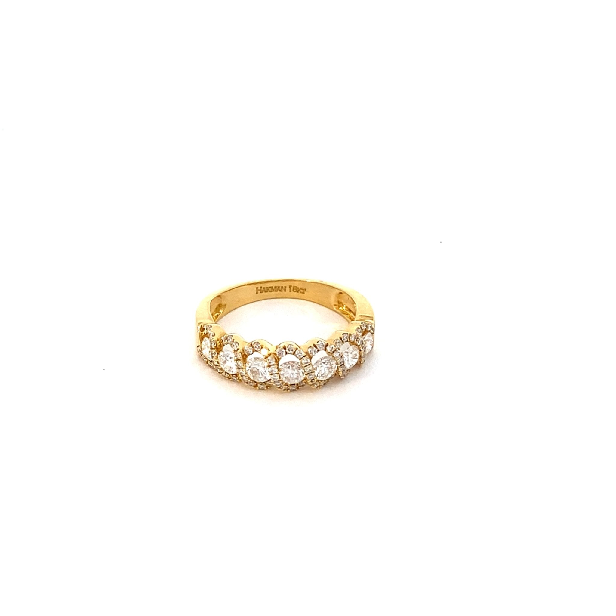 Diamond ring with graduated stones accented with a woven string of diamonds 18kt yellow gold - Gaines Jewelers