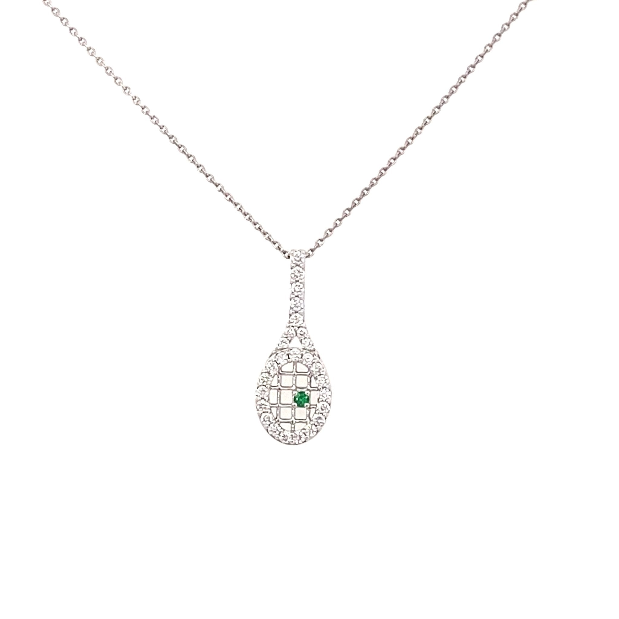 Diamond tennis racket pendant with emerald 14kt white gold - Gaines Jewelers