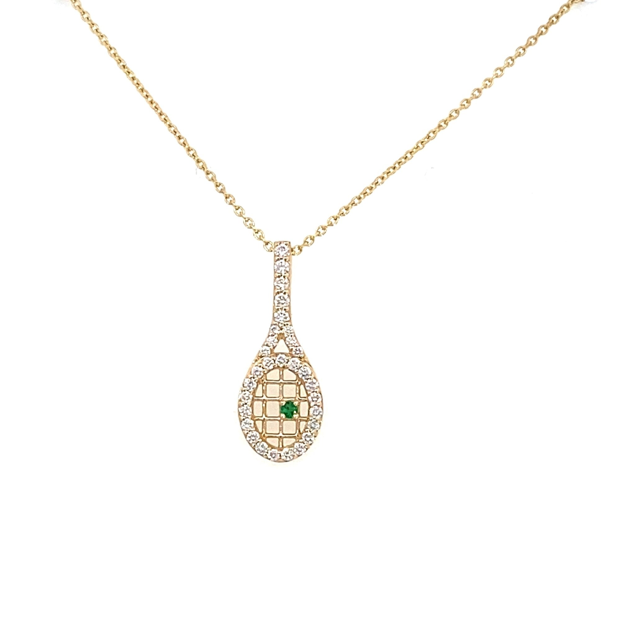 Diamond tennis racket pendant with emerald 14kt yellow gold - Gaines Jewelers