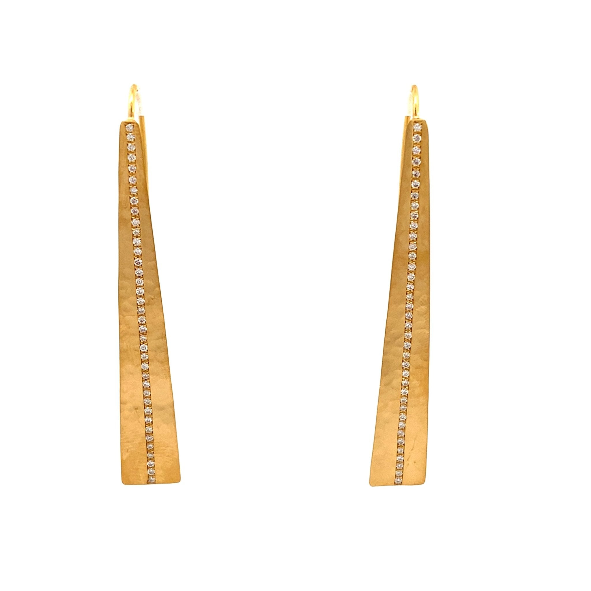 Drop style diamond earrings with an elongated abstract leaf in 14kt yellow gold by Marika - Gaines Jewelers