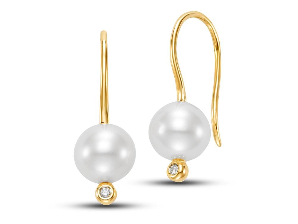 Earring fresh water pearl & diamond in bezel on shepherd's hook 14kt yellow gold - Gaines Jewelers