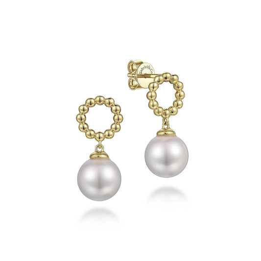 Earrings 14K Yellow Gold Beaded circles with Pearl Drop - Gaines Jewelers