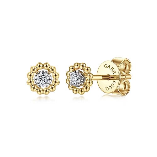 Earrings- 14k yg tiny diamond stud bead halo - Gaines Jewelers