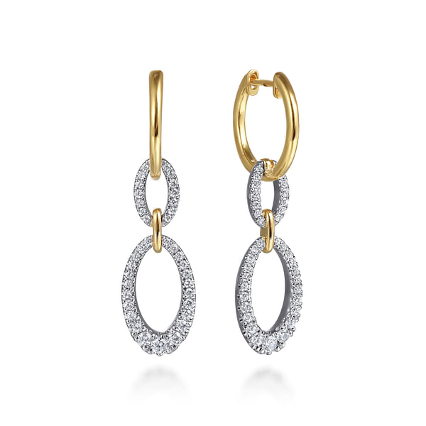 Earrings 2 ovals of diamonds dropping from a hoop 2 - tone karat gold by Gabriel - Gaines Jewelers