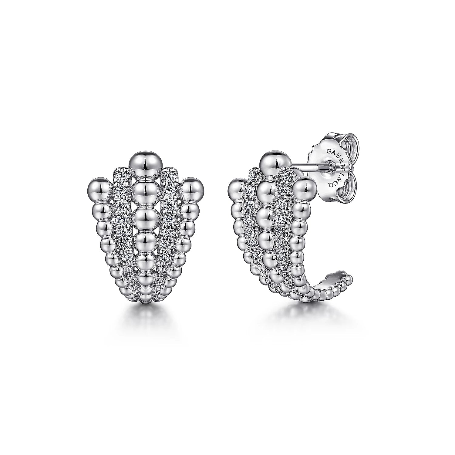 Earrings - .925 Sterling Silver multi row J stud white sapphire with bead rows - Gaines Jewelers