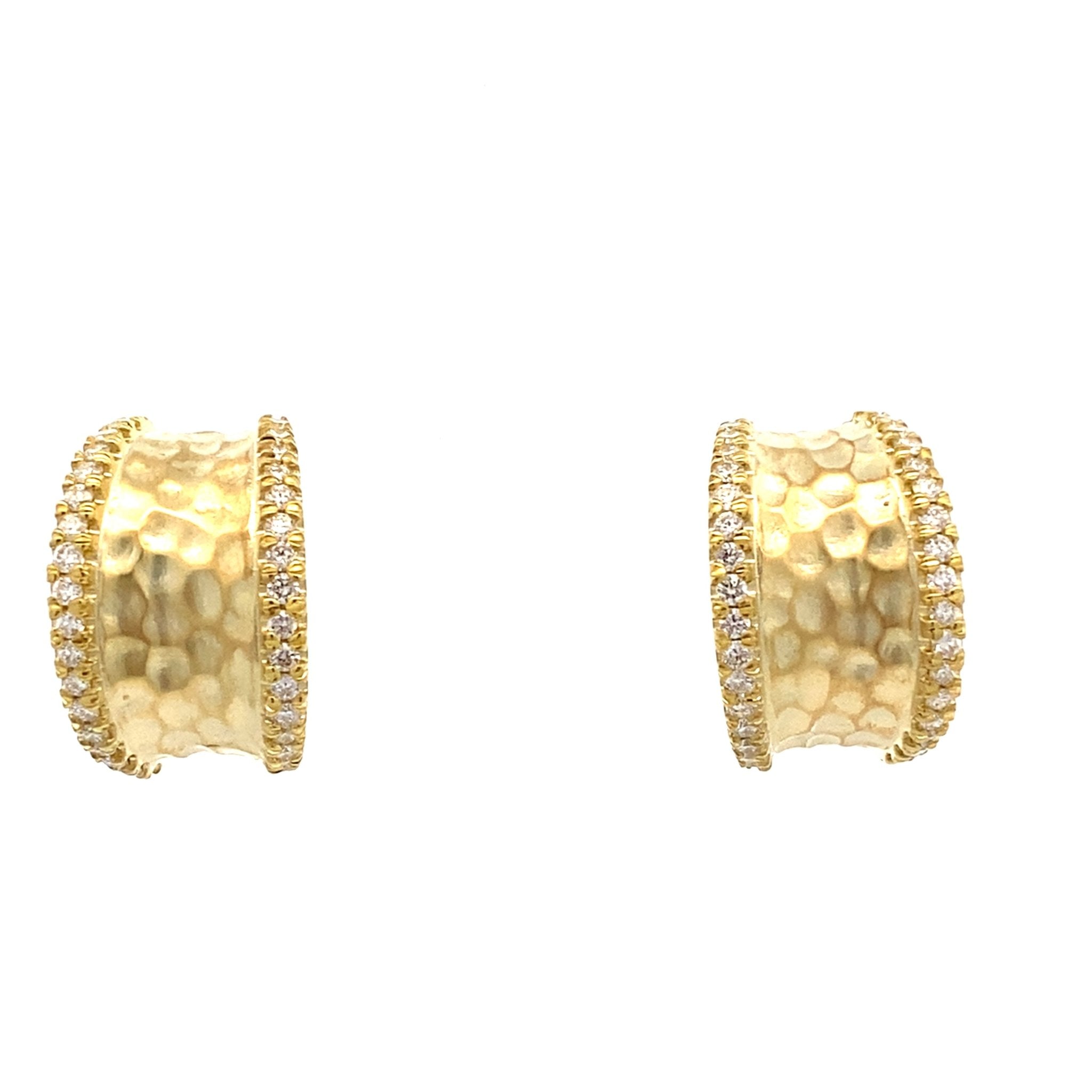 Earrings diamond edged, hammered half - hoop 14kt yellow gold by Raymond Mazza - Gaines Jewelers