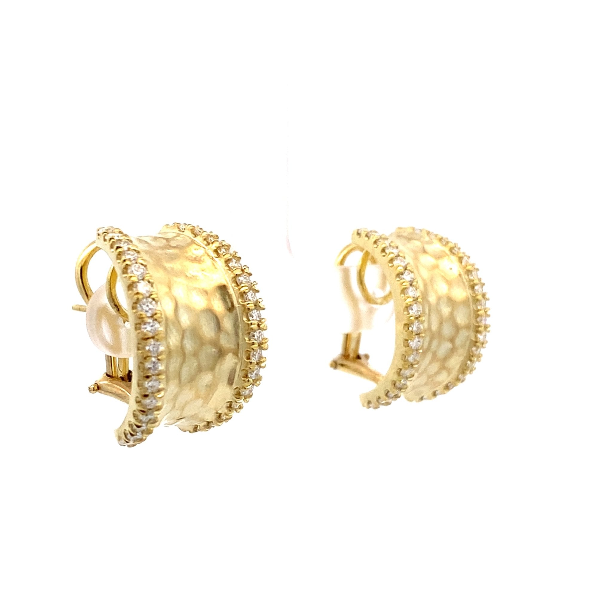 Earrings diamond edged, hammered half - hoop 14kt yellow gold by Raymond Mazza - Gaines Jewelers