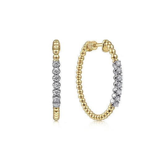 Earrings - diamond hoops 30mm 0.30ct beaded hoop 14kt yellow gold - Gaines Jewelers