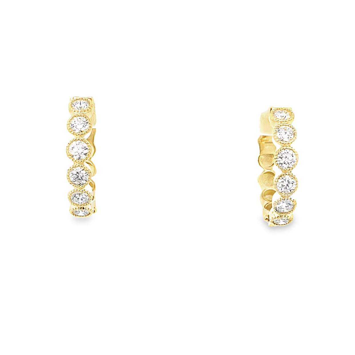 Earrings diamond hoops set in coin edge bezels 14kt yellow gold - Gaines Jewelers