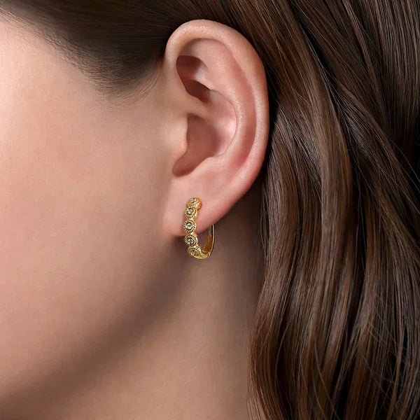 Earrings - diamond hoops with bead bezels 20mm .21ct 14kt yellow gold - Gaines Jewelers