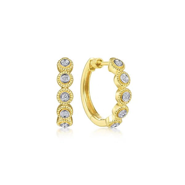 Earrings - diamond hoops with bead bezels 20mm .21ct 14kt yellow gold - Gaines Jewelers