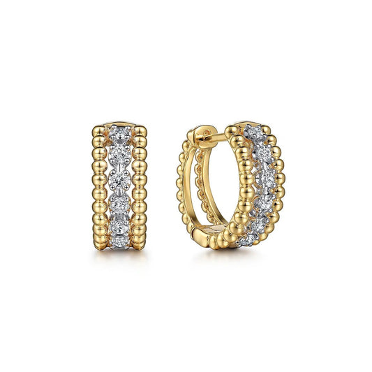 Earrings - diamond hoops with bead trim total weight=0.25ct 14kt yellow gold - Gaines Jewelers