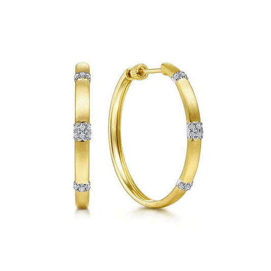 Earrings- diamond hoops with cluster stations 14kt yellow gold - Gaines Jewelers