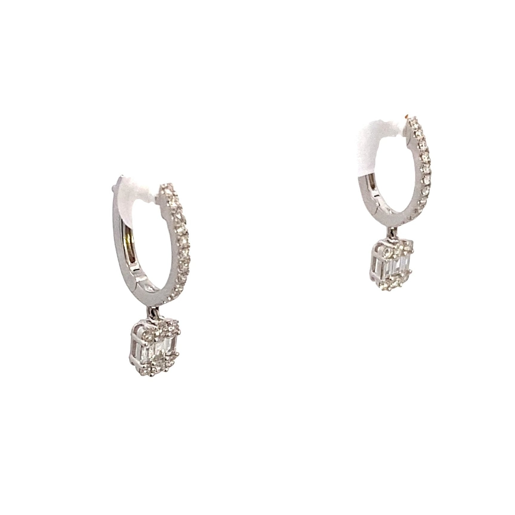 Earrings- diamond hoops with square dangle 14kt white gold - Gaines Jewelers