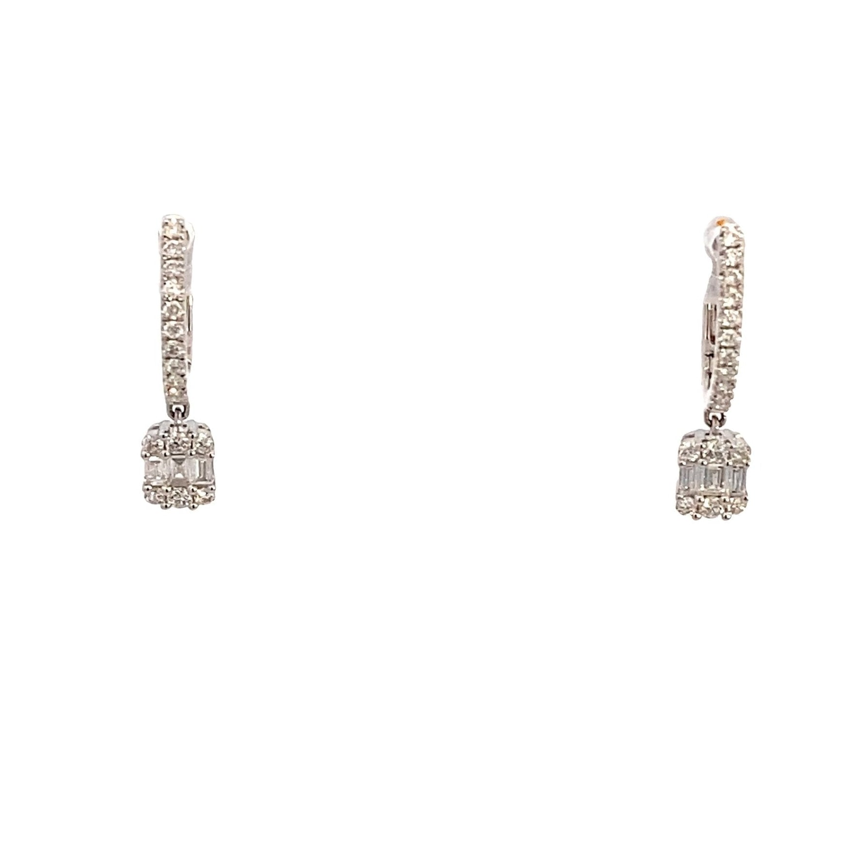 Earrings- diamond hoops with square dangle 14kt white gold - Gaines Jewelers
