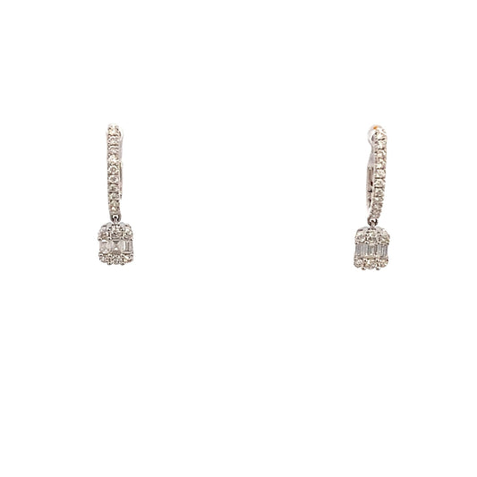 Earrings- diamond hoops with square dangle 14kt white gold - Gaines Jewelers