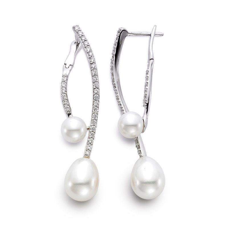 Earrings drop style with large & small pearls & diamond V 18kt white gold - Gaines Jewelers