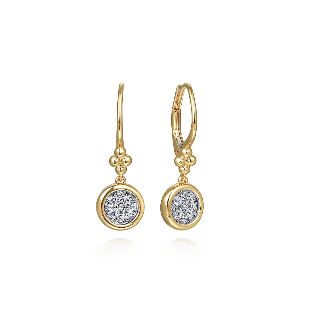 Earrings drop style with pave' diamond discs 14kt yellow and white gold - Gaines Jewelers