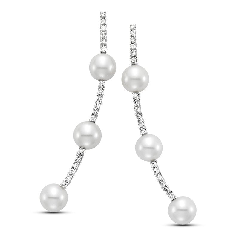 Earrings - Fresh Water Pearl Diamond Cluster Drops - 18k White Gold - Gaines Jewelers