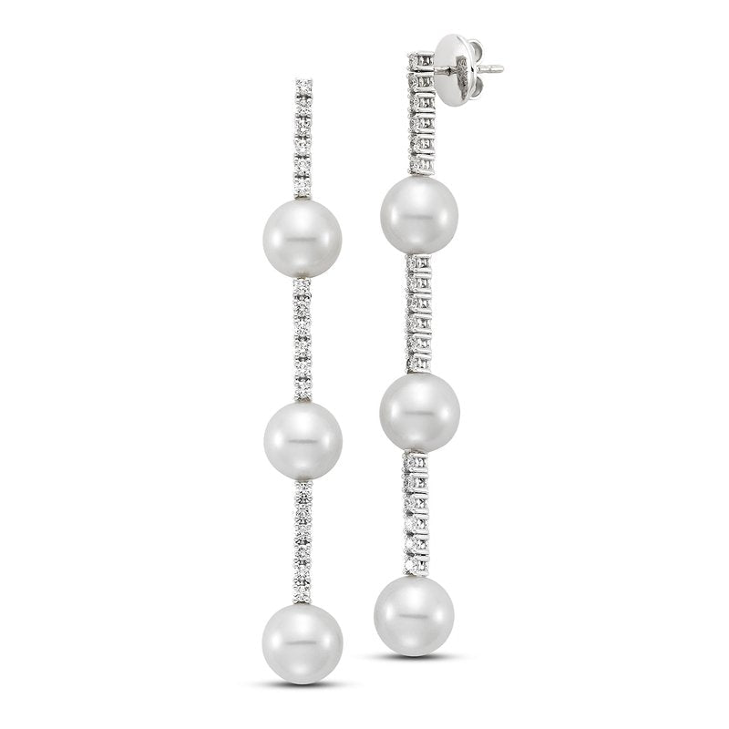 Earrings - Fresh Water Pearl Diamond Cluster Drops - 18k White Gold - Gaines Jewelers