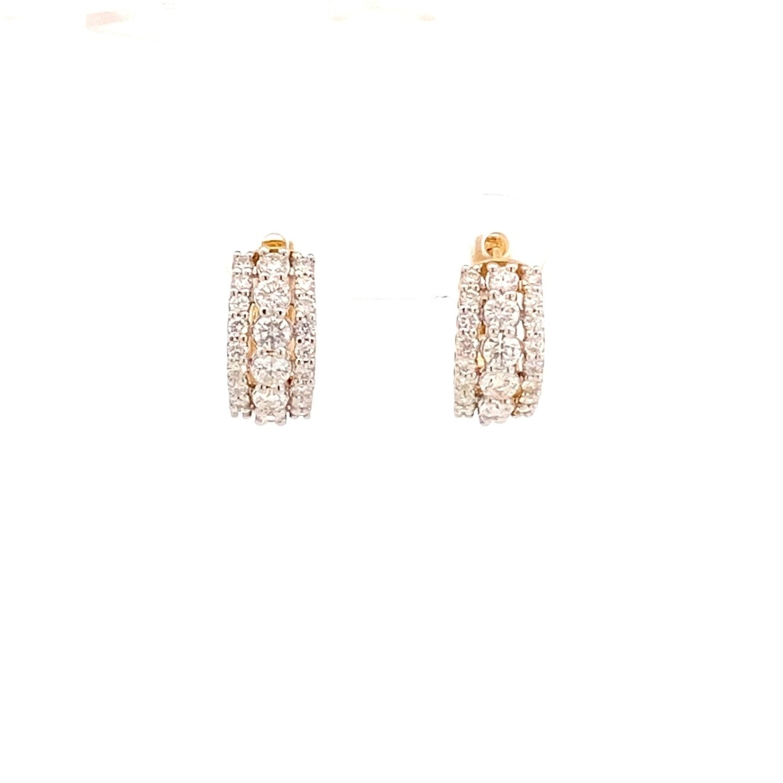 Earrings huggie style with 3 rows of diamonds 14kt white and yellow gold - Gaines Jewelers